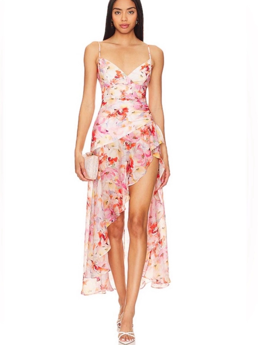 Bardot Pink Floral High-Low Ruffle Slip Dress